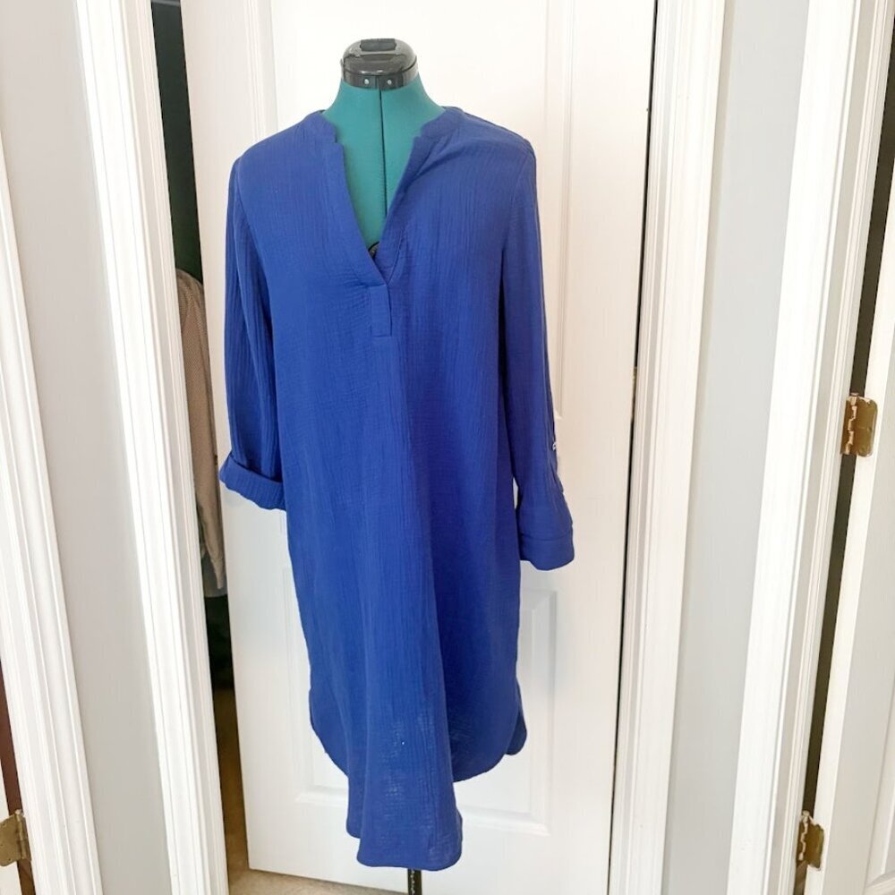 Chicos Split V Neck Tunic Textured 100% Cotton Roll Up Sleeve Midi Dress